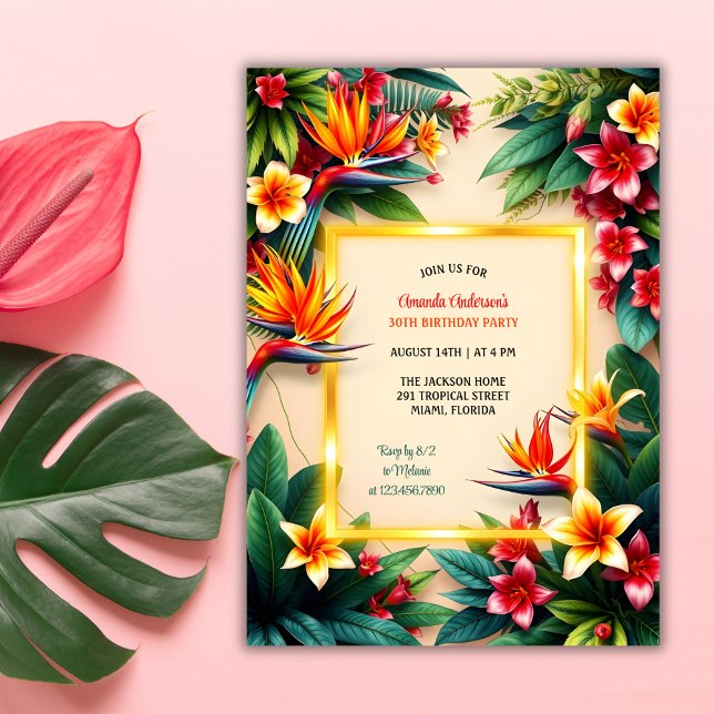 Convite Festa de aniversário Tropical Hawaiian Hibiscus Fl (Tropical Hawaiian Birthday Party Invitation with Hibiscus Flowers and Palm Leaves)
