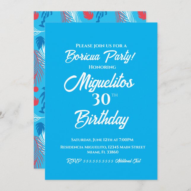 Convite Festa de aniversário tropical hispânica porto-riqu (Frente/Verso)