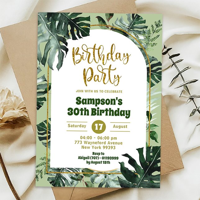 Convite Festa de Aniversário Tropical Monstera Verde da Se (Criador carregado)