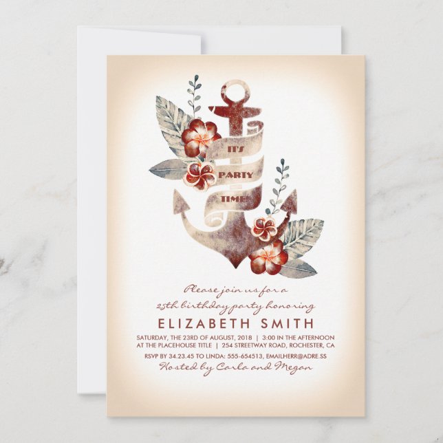 Convite Festa de aniversário tropical náutica de Anchor Be (Frente)