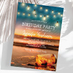 Convite Festa de aniversário Tropical Sunset Beach<br><div class="desc">Convites de aniversário de praia de verão com fundo de uma ilha tropical de praia por sol, um pote de mason com luzes cintilantes, luzes cintilantes de cordas e um modelo de texto de cebração. Clique no botão "Personalizar" para personalização adicional deste modelo. Você poderá modificar todo o texto, inclusive...</div>