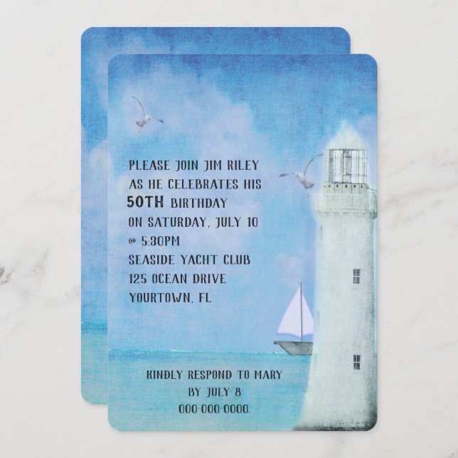 Convite Festa de aniversário-veleiro e farol oceânico (Frente/Verso)