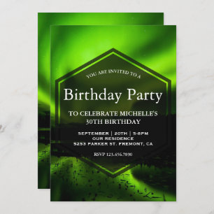 Convite Festa de aniversário verde da aurora boreal da