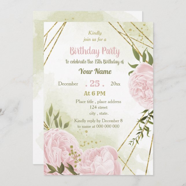 Convite festa de aniversário verde de flores rosa fantásti (Frente/Verso)