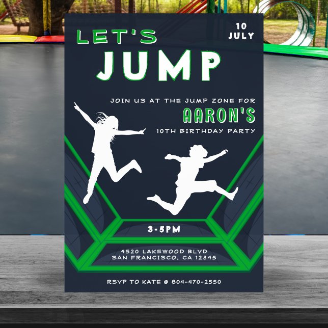 Convite Festa de aniversário Verde de Salto do Vamos do Pa (Trampoline Park Let's Jump Green Birthday Party Invitation
)