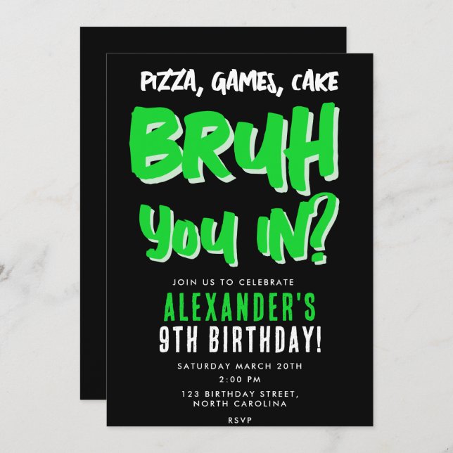 Convite Festa de aniversário Verde do Menino Bruh (Frente/Verso)