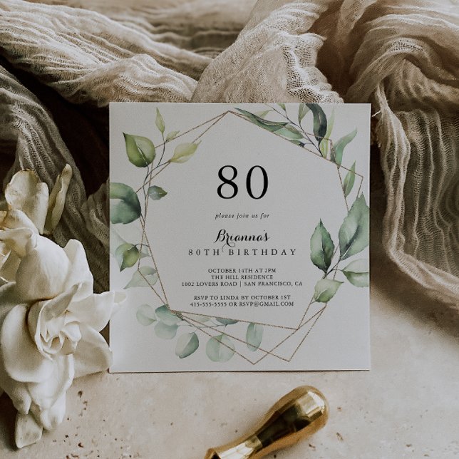 Convite Festa de aniversário Verde Elegante Dourada Geomét (Criador carregado)