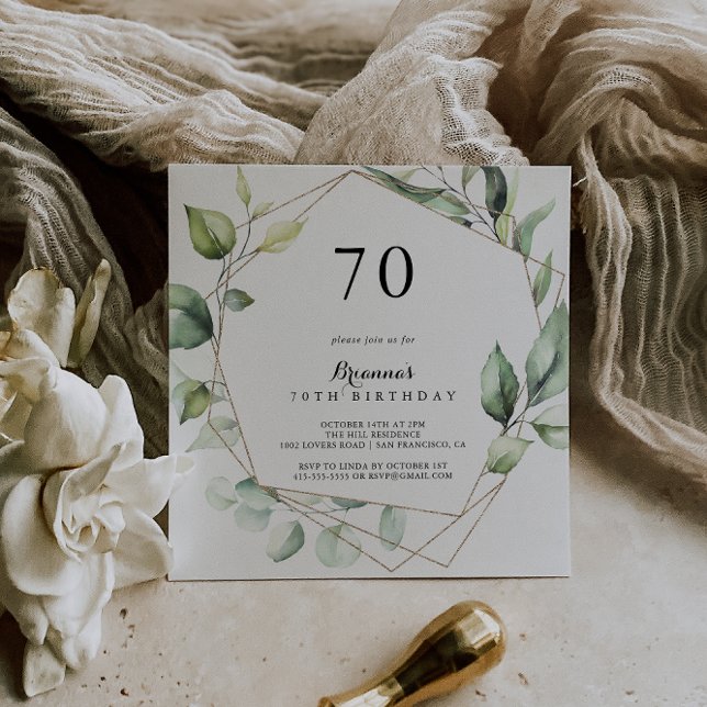 Convite Festa de aniversário Verde Elegante Dourada Geomét (Criador carregado)