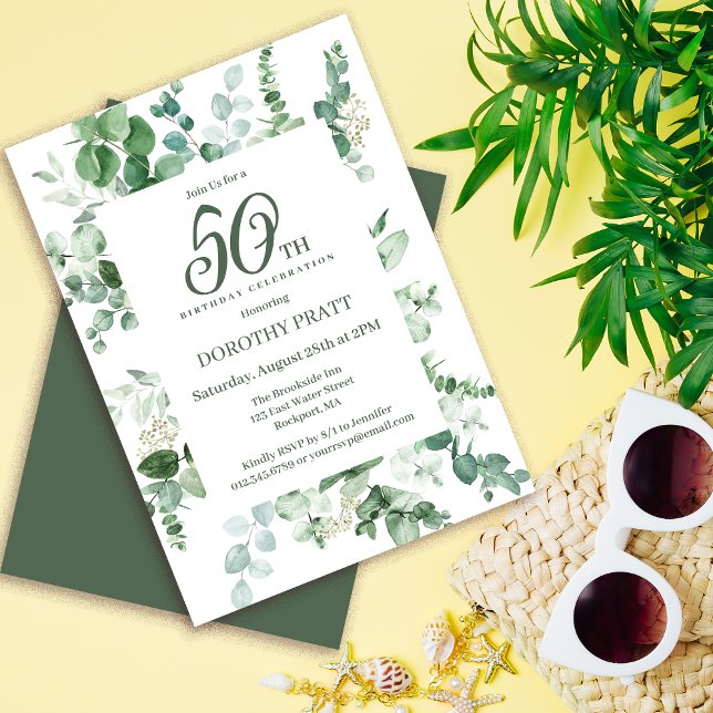 Convite Festa de aniversário Verde Escuro Eucalyptus 50th (Need matching party supplies? Welcome signs, napkins, paper plates. Something else? Message me!)