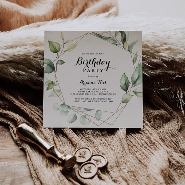 Convite Festa de aniversário verde geométrica Elegante Dou (Criador carregado)