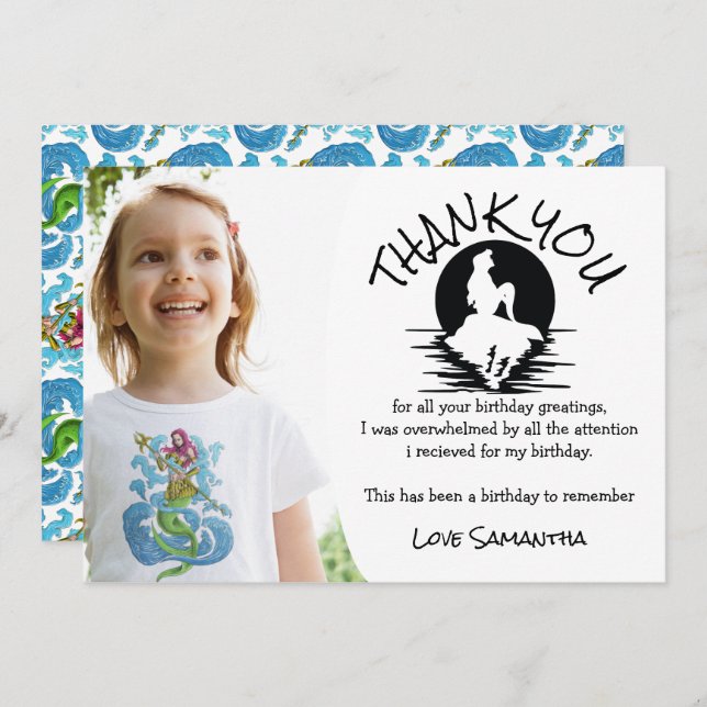 Convite Festa de aniversário Verde Sereia Obrigado (Frente/Verso)
