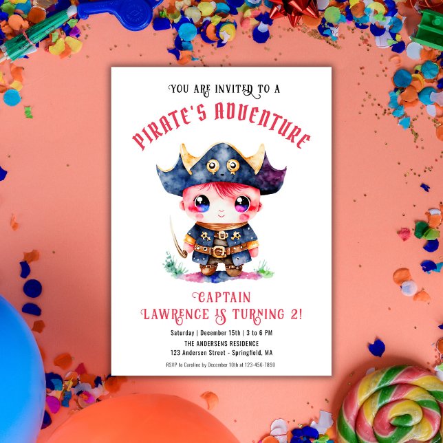 Convite Festa de aniversário Vermelha Bonita Pirata (Cute Little Pirate Boy Red Birthday Party Invitation)