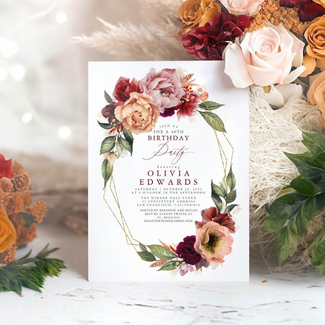 Convite Festa de aniversário Vermelho Floral Vermelho Lara (Earthy Floral Birthday Invitations)