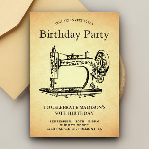 Convite Festa de aniversário Vintage Sewing Machine