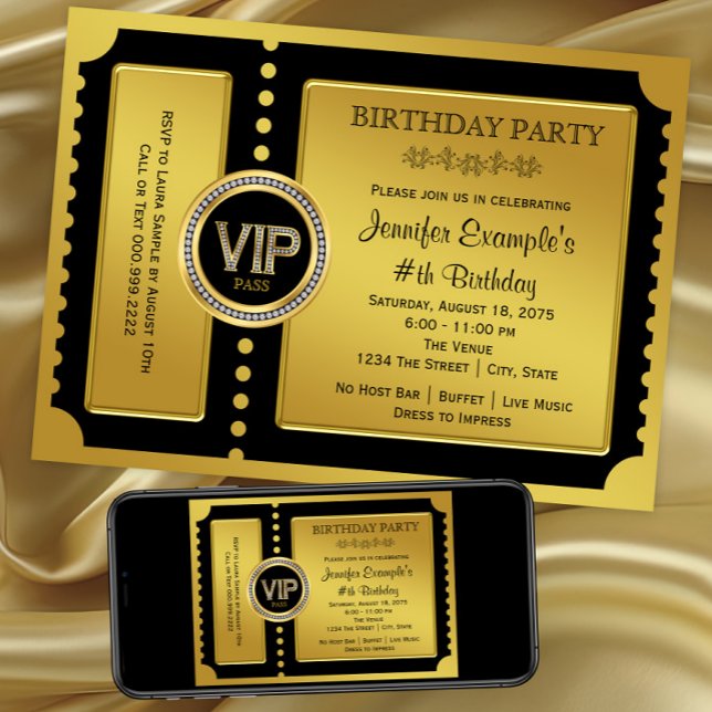 Convite Festa de Aniversário VIP Bilhete Dourado (Black gold VIP ticket invitation for any number birthday or event. Digital and printed.)