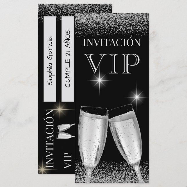Convite Festa de Aniversário VIP Glitzy Prata Espanhola (Frente/Verso)