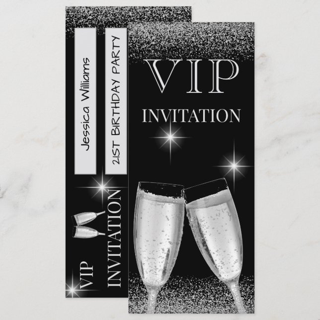 Convite Festa de Aniversário VIP Glitzy Silver (Frente/Verso)