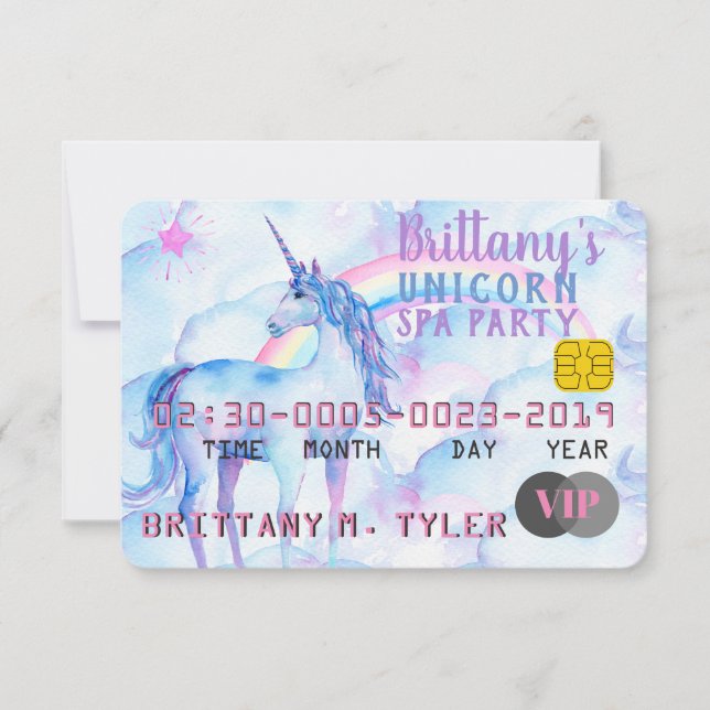 Convite Festa de aniversário VIP Rainbow Unicorn Spa (Frente)