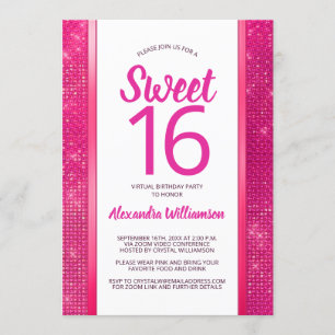 Convite Festa de aniversário virtual 16ª brilhante 16 rosa