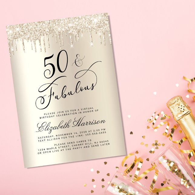 Convite Festa de aniversário Virtual 50ª Glitter Dourada E (Celebrate her 50 years of sparkle with an elegant gold glitter birthday party invitation  🎉 🎂 🥂)