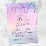 Convite Festa de aniversário Virtual 50th Rosa Brilhante R<br><div class="desc">Elegante e chic 50 convite de aniversário virtual com "50 & Fabuloso" em um roteiro de na moda púrpura escura com um arco-íris de ouro roxo,  rosa,  azul e verde que goteja do topo. Você pode adicionar facilmente os detalhes da festa online em tipografia roxa escura.</div>