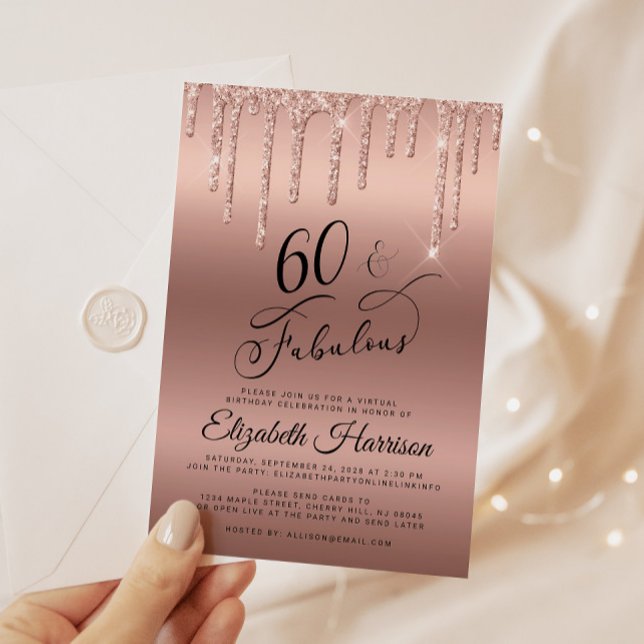 Convite Festa de aniversário Virtual 60ª Glitter Dourada (Celebrate her 60 years of sparkle with an elegant rose gold glitter birthday party invitation  🎉 🎂)
