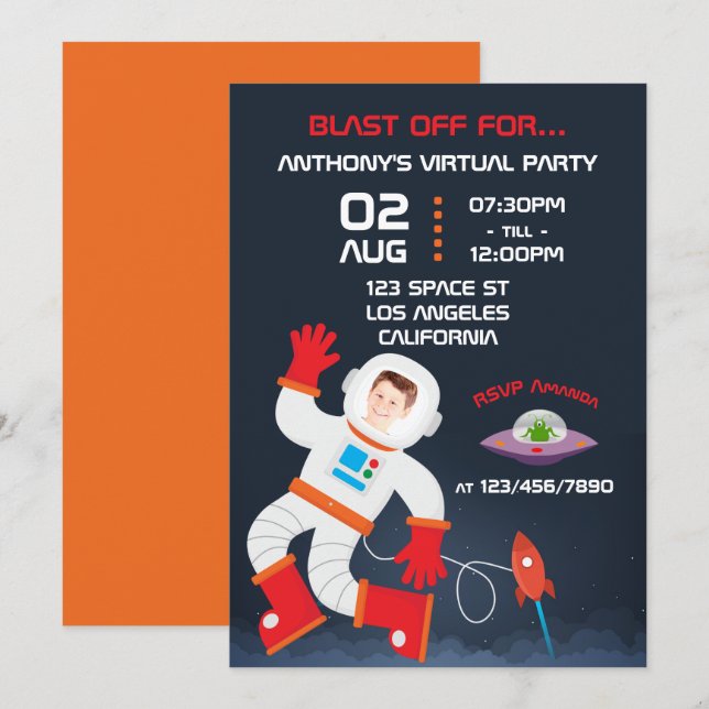 Convite Festa de Aniversário Virtual com Tema de Espaço Si (Frente/Verso)