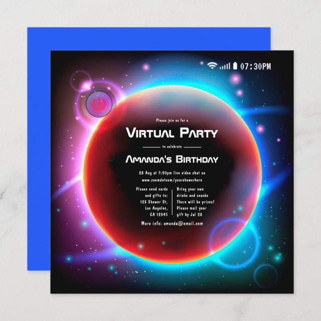 Convite Festa de aniversário Virtual com Temas de Espaço (Frente/Verso)