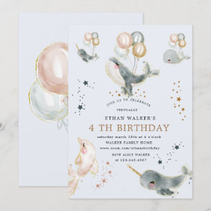 Convite festa de aniversário virtual de baleias e estrela