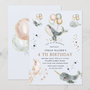 Convite festa de aniversário virtual de baleias e estrela