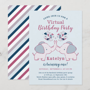 Convite Festa de Aniversário Virtual de Elefante Fofo Rosa