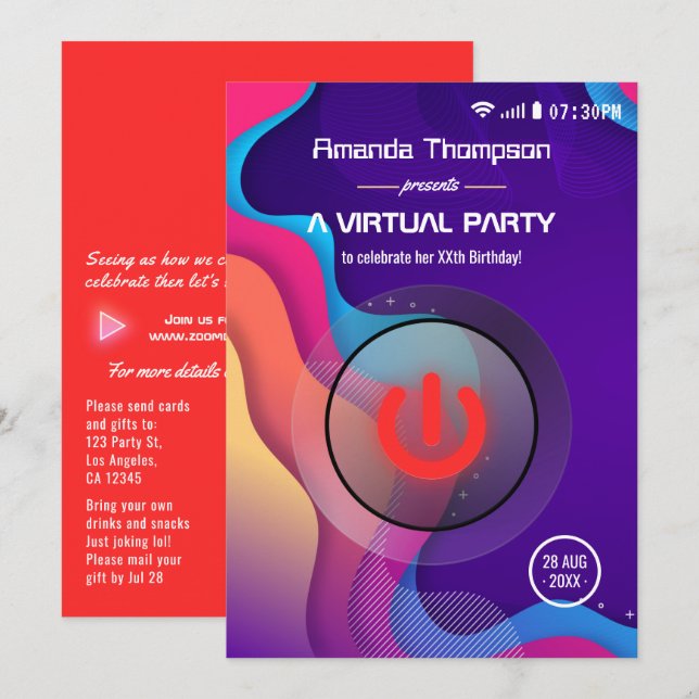 Convite Festa de Aniversário Virtual Geométrica Futurista (Frente/Verso)