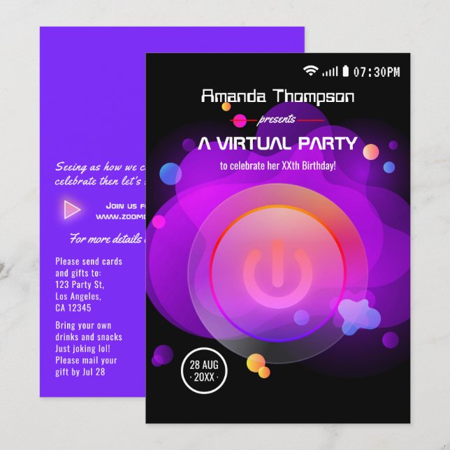 Convite Festa de Aniversário Virtual Glow (Frente/Verso)
