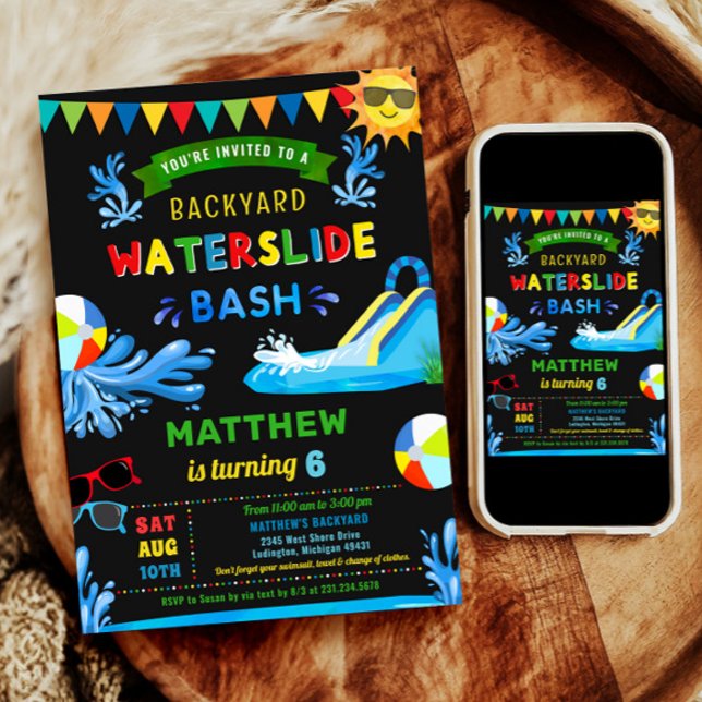 Convite Festa de aniversário Waterslide Bash Summer Boy (Waterslide Bash Summer Boy Birthday Party Invitation)