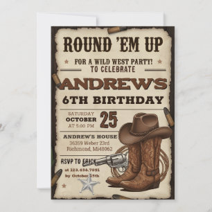 Convite Festa de aniversário western com chapéu de cowboy