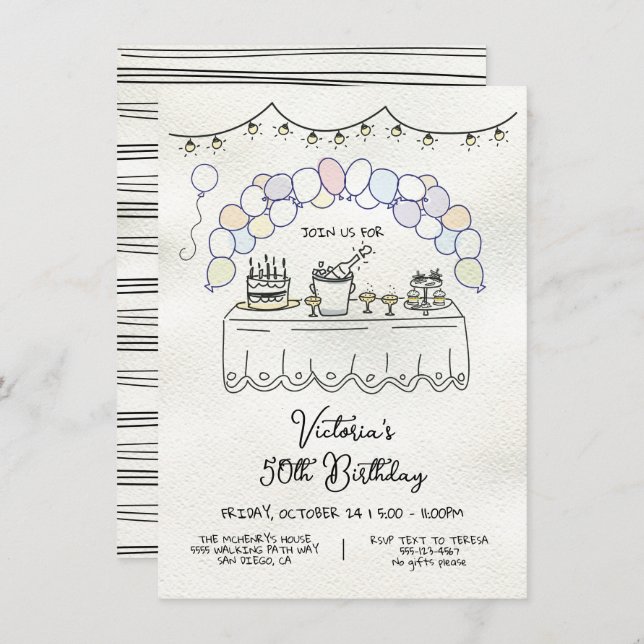 Convite Festa de aniversário Whimsical Adult Desenhada À M (Frente/Verso)