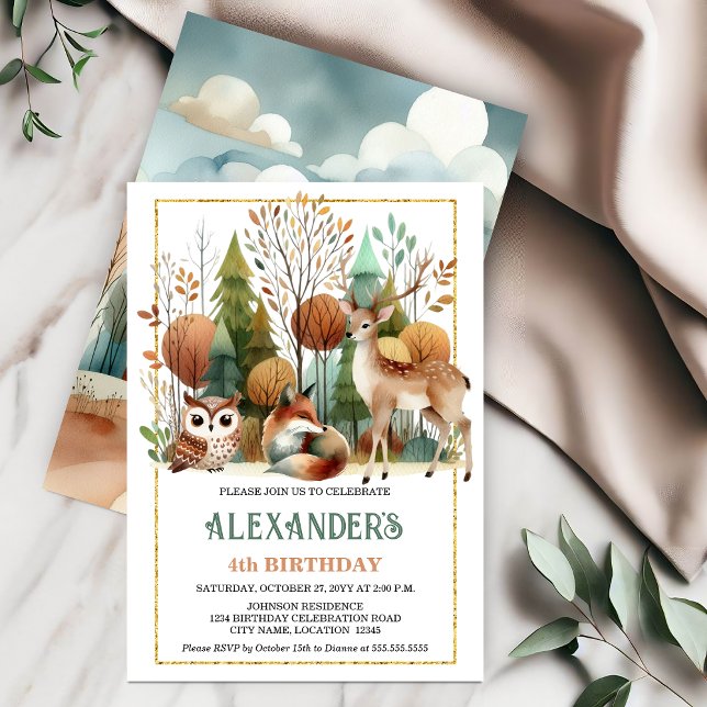 Convite Festa de aniversário Whimsical Woodland (Whimsical woodland birthday party invitation front and back view.)