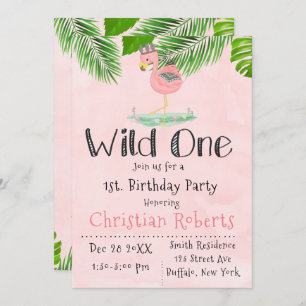 Convite Festa de aniversário Wild One Boho Pink Flamingo