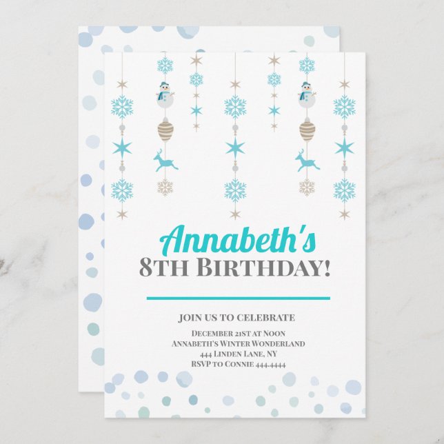 Convite Festa de aniversário Wonderland de inverno (Frente/Verso)