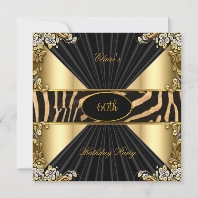 Convite Festa de Aniversário Zebra Dourado Creme Leopardo  (Frente)