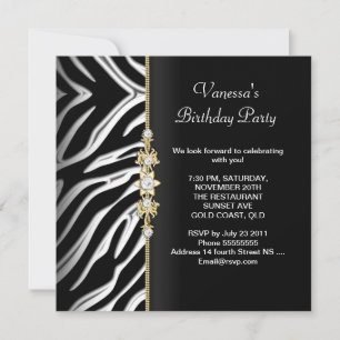 Convite Festa de Aniversário Zebra Dourado Preto Branco Fl