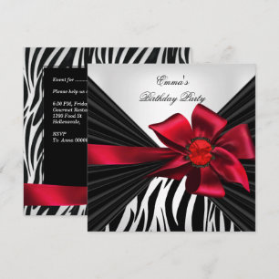 Convite Festa de Aniversário Zebra Elegante Vermelho Preto