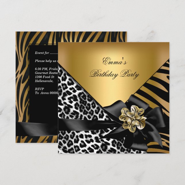 Convite Festa de Aniversário Zebra Leopardo Dourado Elegan (Frente/Verso)