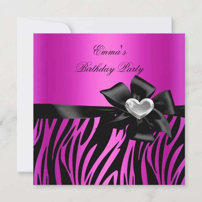 Convite Festa de Aniversário Zebra Prata Rosa Choque Preto (Frente)