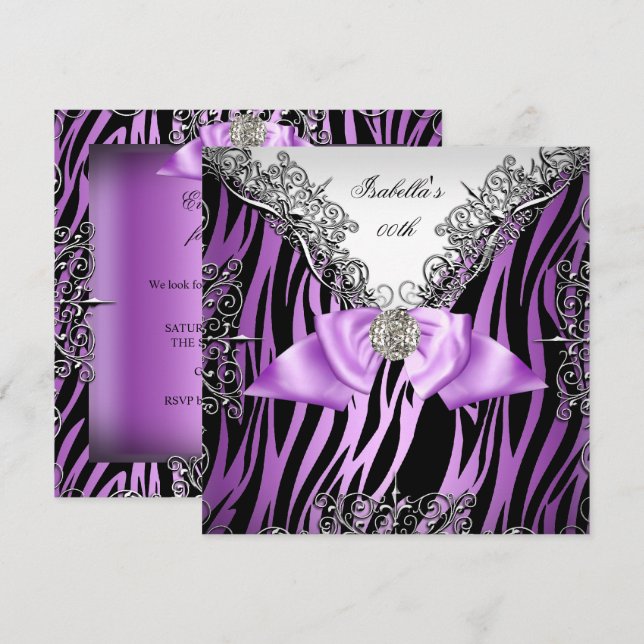 Convite Festa de Aniversário Zebra Roxo Prata Branco Preto (Frente/Verso)