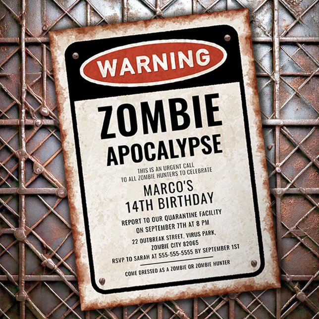 Convite Festa de aniversário Zombie Outbreak com placa enf (Criador carregado)
