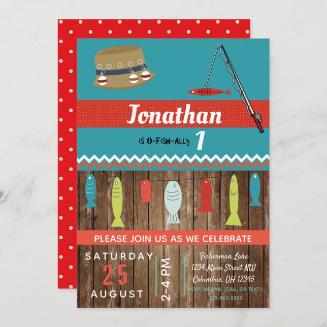 Convite Festa de Aniversários de criança de Pesca para Men (Frente/Verso)