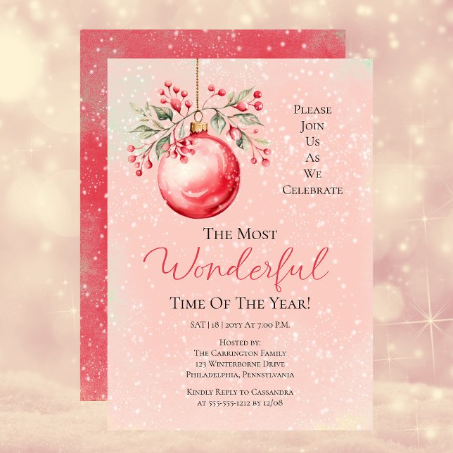 Convite Festa de Ano Mais Maravilhosa, Pink Bauble (Elegant Pink | Red Bauble Most Wonderful Time Year Party Invitation)