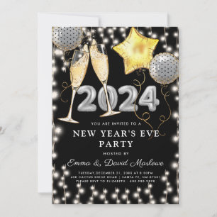 Convite Festa de Ano Novo, 2024 Silver Glitter Black