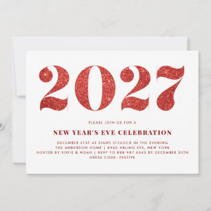 Convite Festa de Ano Novo 2026 com Brilho Vermelho Falso